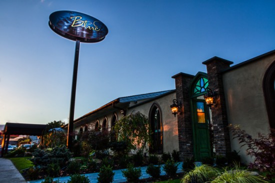 Blue Restaurant exterior at dusk
